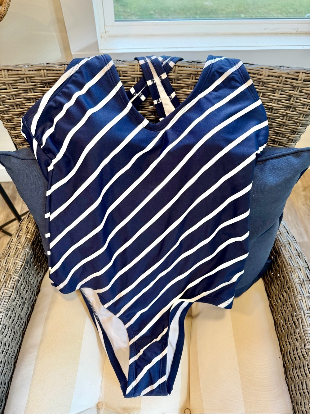 Navy Blue & White Striped One-Piece V-Neck Swimsuit NWT